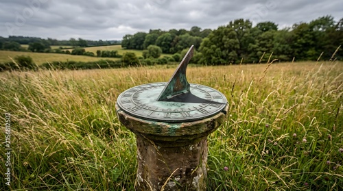 Weathered copper sundial in a meadow. Ancient timekeeping device in a rural landscape.