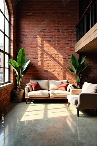Sunlit Modern Living Room with Exposed Brick Walls and Tropical Plants