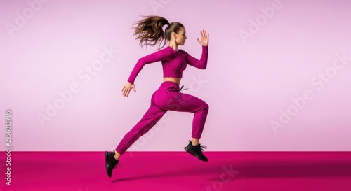 Vibrant Young Athlete Jumping in Bright Pink Studio