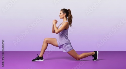 Athletic Woman Performing Lunge Listening on Purple Floor