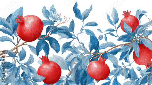 Pomegranate Illustration Isolated on White Background, Fresh Red Fruit Botanical Raster Artwork