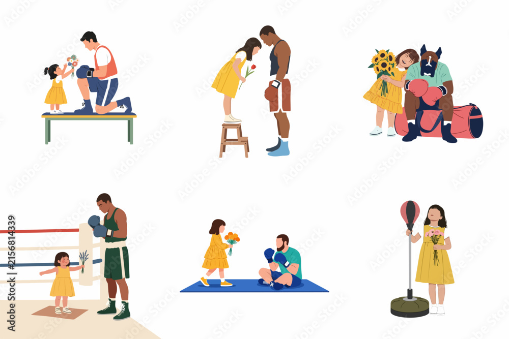 Fototapeta premium Vector illustration set featuring a professional male boxer and his young daughter in various scenes of training, support, and affection within a sports and gym environment.