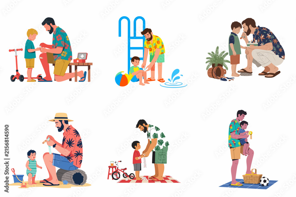 Fototapeta premium Vector Illustration Set of Father and Son Bonding in Summer Activities; Caring Dad Fixing Scooter, Applying Sunscreen at Pool, Playing at Beach, Picnic and Daily Parenting Moments.