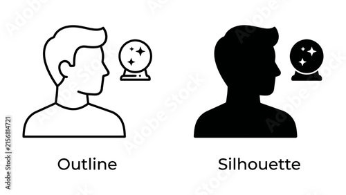 Obraz na płótnie Fortune Teller Icon: A stylized graphic representing a person's profile, shown in both outline and silhouette form, beside a crystal ball