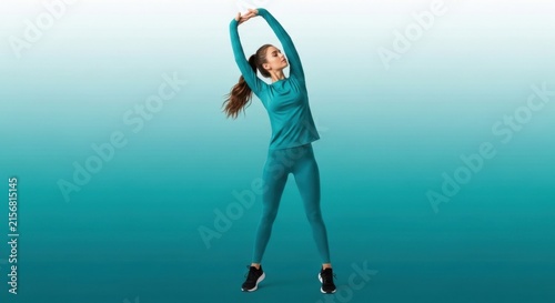 Energetic Woman in Teal Athleticwear Stretching Against Gradient Turquoise Background