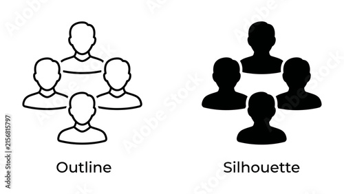 Canvas Print Group Iconography: A visual comparison of two distinct styles, an outline and a silhouette, representing a group of people, ideal for concept illustration or design elements