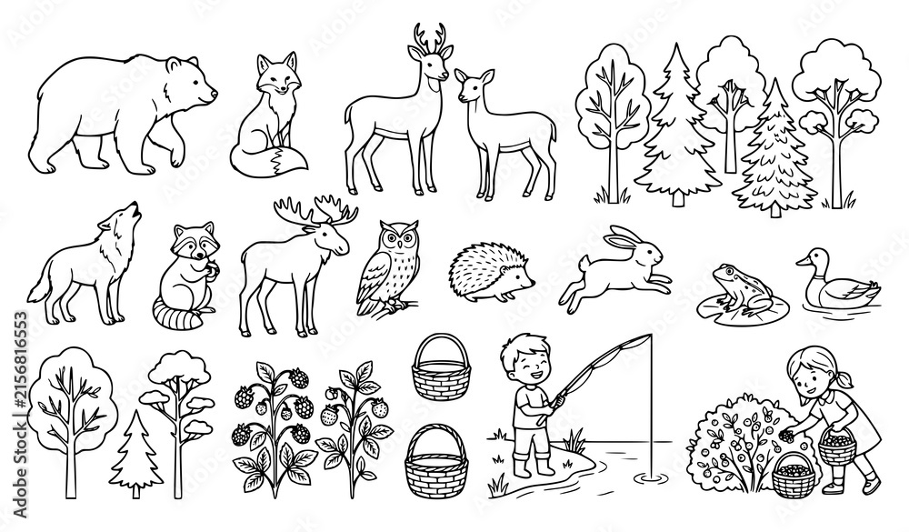 Fototapeta premium Wildlife and nature collection featuring bears, deer, foxes, rabbits, birds, trees, plants and outdoor activities