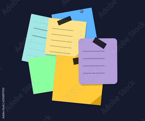 Colorful sticky notes with lines and black pin attachments