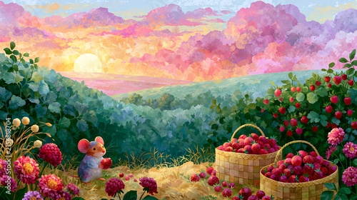 Cute mouse harvesting ripe strawberries in colorful field at sunset