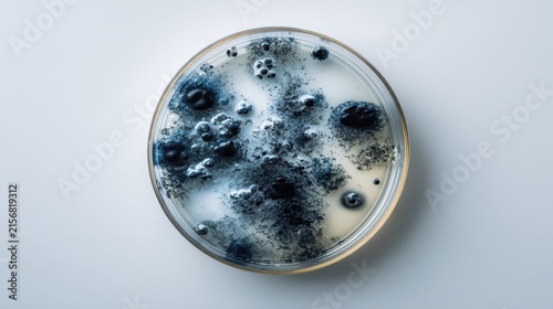 Petri dish with growing colonies of black mold on agar, top view. Great for science, medicine, research, or laboratory-themed designs.