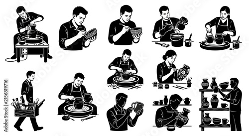 Pottery Craftspeople Creating Ceramic Art, Isolated Icons