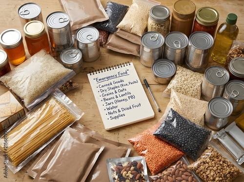 Emergency Food Supply Supplies Checklist With Non-Perishable Groceries And Notebook