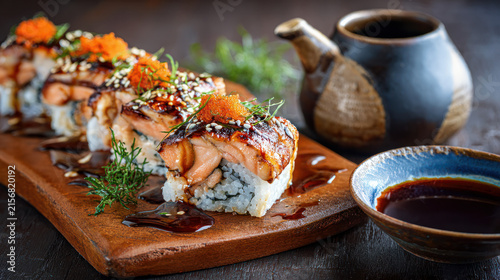 Japanese Unagi Sushi Roll with Grilled Eel, Maki Roll with Rice and Nori, Asian Cuisine