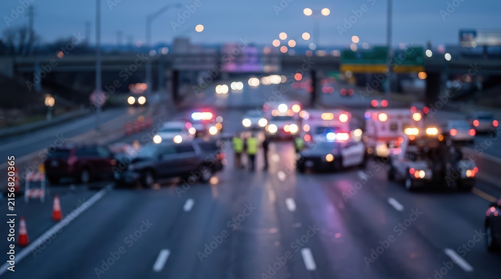 Fototapeta premium A cinematic blurred bokeh shot of a major multi-vehicle accident on a freeway at night, featuring emergency responders and flashing sirens.