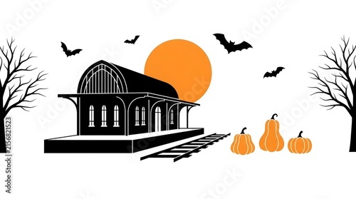 A spooky halloween night features a dark barn silhouette with pumpkins bats and a bright full orange moon