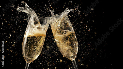 Two Glasses of Champagne with Splash, Elegant Celebration, Party, Wedding and New Year Concept
