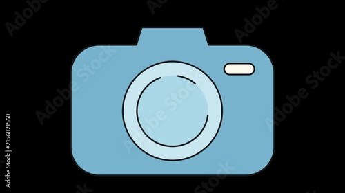 Seamless loop animation of a blue digital camera moving up and down. Minimalist flat style icon graphic element isolated on transparent alpha channel background for photography project assets.