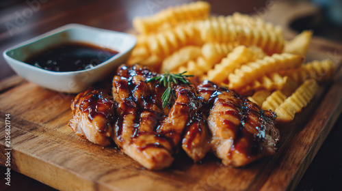 Grilled Chicken Pieces in Teriyaki Sauce with Side Dish, Delicious Asian Style Chicken Meal