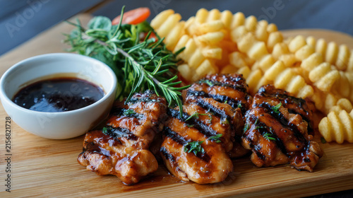 Grilled Chicken Pieces in Teriyaki Sauce with Side Dish, Delicious Asian Style Chicken Meal