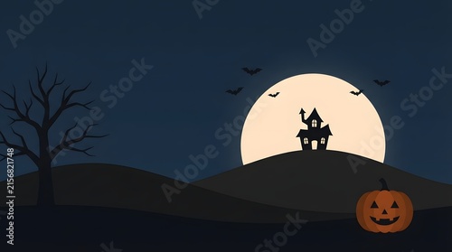 Spooky halloween scene with a silhouetted witch flying in front of a large full moon and bare trees