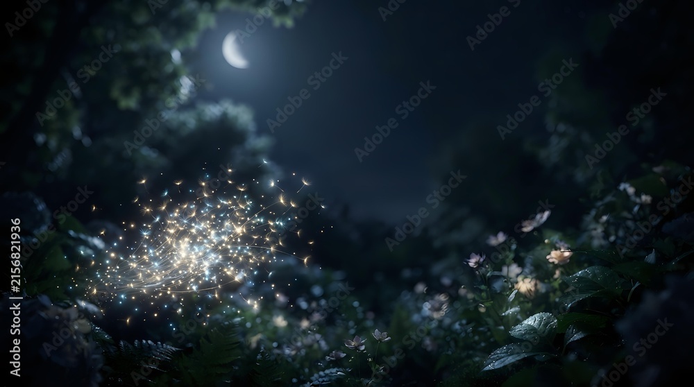 Fototapeta premium Magical glowing particles burst from forest foliage under moonlight