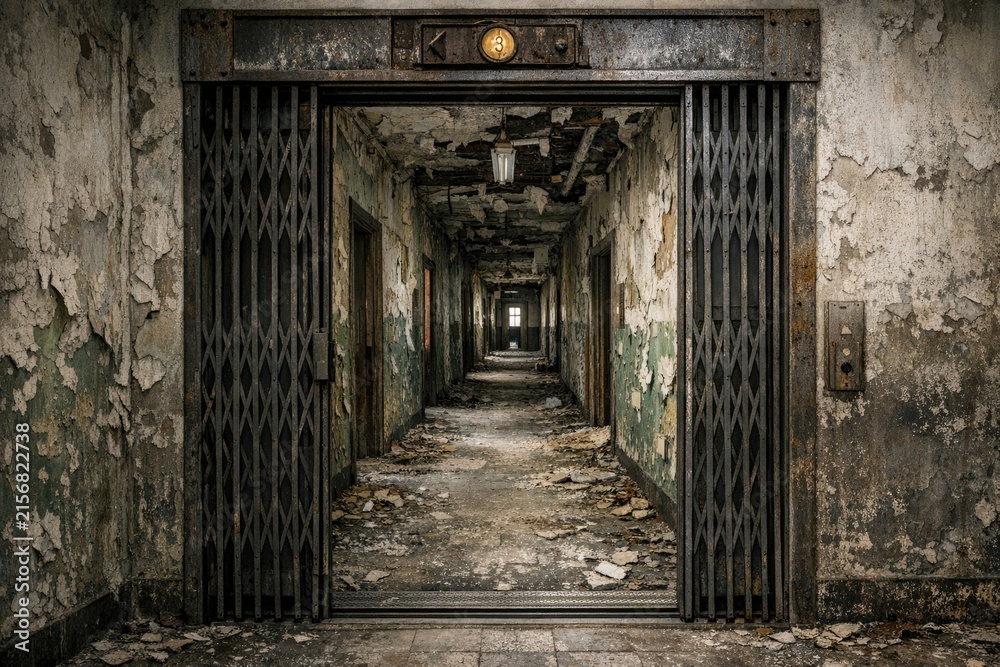 Fototapeta premium Abandoned prison cell with an open door and stone walls