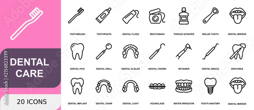 Dental hygiene icons collection with professional tools for oral care and tooth anatomy visuals