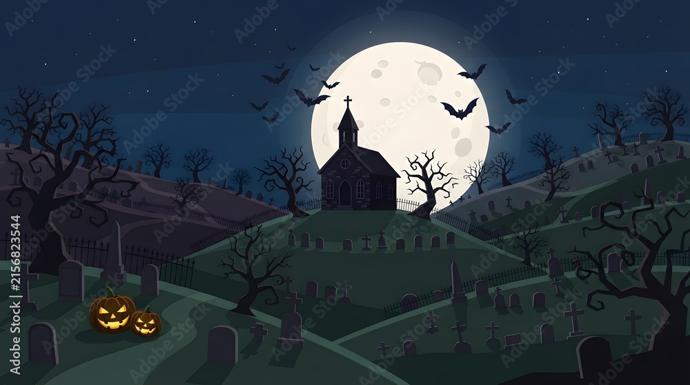 Fototapeta premium Spooky halloween night scene with a haunted castle silhouetted against a bright full moon and dark graveyard