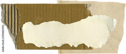 Scattered fragments ripped cartons and old paper. Scrapbook collage elements from ripped textures paper, vintage corrugated cardboard with jagged edges. Abstract torn paper collage with space for text