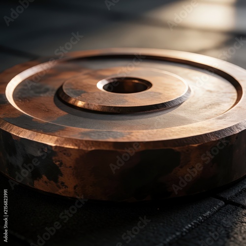 Close-up of a vintage weight plate with a rusty, weathered texture, showcasing concentric circles and a central hole. Use: gym decor, fitness blog,...