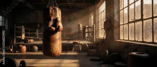 Vintage boxing gym with punching bag and ring, lit by sunbeams from windows. Use: fitness ad, retro sports blog, boxing training.