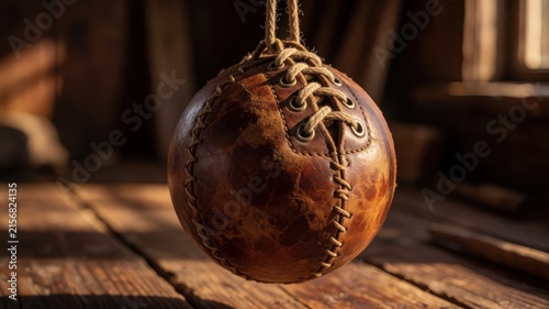 Close-up of a vintage leather ball with laces, hanging from a rope, on a wooden surface. Use: boxing gym, antique store, sport nostalgia.