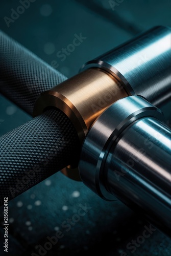 Close-up of metallic barbell collars and knurled grip section with textured background. Use: fitness advertisement, gym equipment catalog, strength...