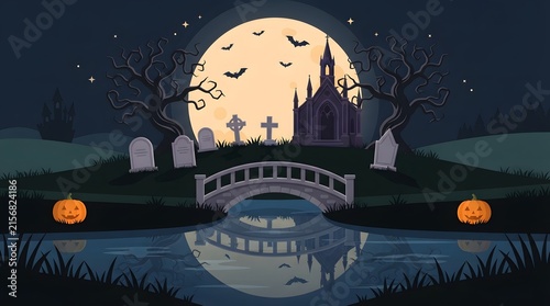 A chilling halloween landscape features a dark castle silhouette a bright full moon and glowing pumpkins near a misty lake