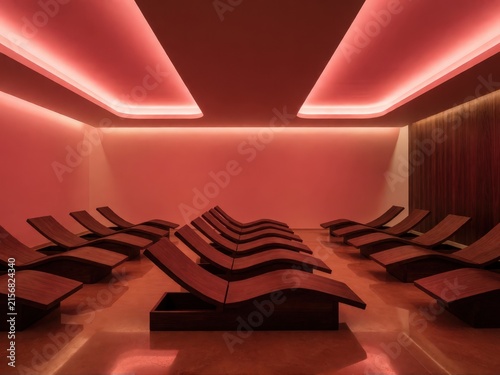 Rows of wooden lounge chairs in a room with warm red ambient lighting and subtle ceiling illumination. Use: spa brochure, wellness center interior,...