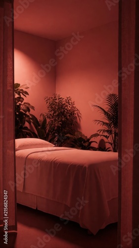 Serene room with bed and lush plants, bathed in warm red light. Use: spa advertisement, meditation room, wellness brochure.