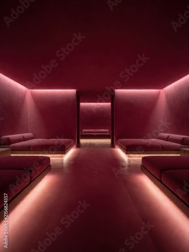 Modern lounge with plush red seating and ambient pink LED lighting, creating a serene atmosphere. Use: spa interior, relaxation room, boutique hotel.