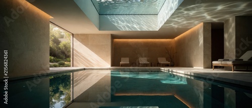Luxurious indoor swimming pool with natural light filtering through skylight, surrounded by lounge chairs and plants. Use: spa advertisement, resor...