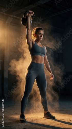 Woman performing kettlebell overhead press in dusty gym environment. Use: fitness website, gym advertisement, workout blog.