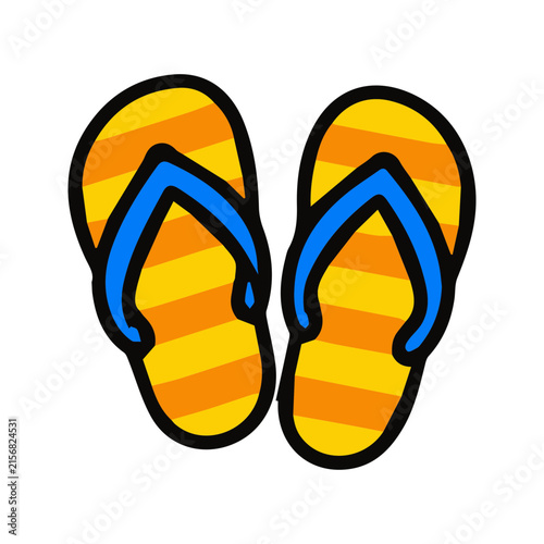 A pair of colorful striped flip flops isolated on a white background.