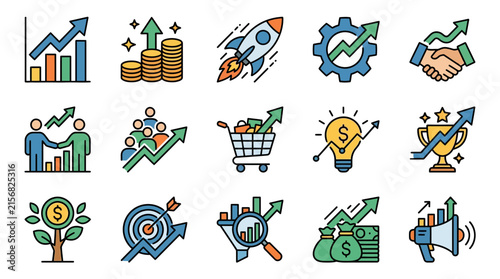 Creative Colorful Set of Business Growth Finance and Success Concept Icons with Charts Coins Handshakes and Awards
