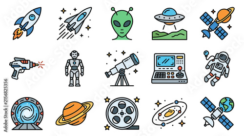 Creative Colorful Space Themed Icons Set Rockets Aliens Telescopes Astronauts Planets and Sci Fi Elements