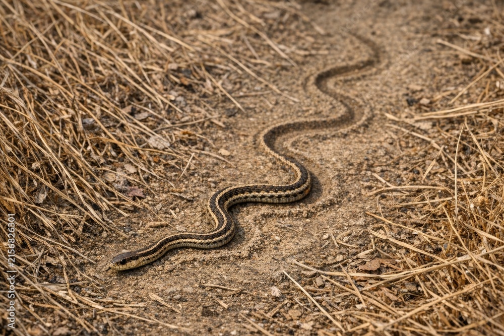 Fototapeta premium A snake lies motionless on the grassy terrain
