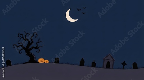 A serene and peaceful nighttime landscape features a glowing campfire with dark silhouetted trees under a crescent moon