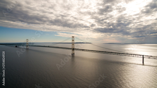 Aerial view of the Mackinac Bridge spanning the Straits of Mackinac in Michigan, USA, connecting Michigan’s Upper and Lower Peninsulas.