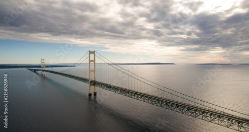 Aerial view of the Mackinac Bridge spanning the Straits of Mackinac in Michigan, USA, connecting Michigan’s Upper and Lower Peninsulas.