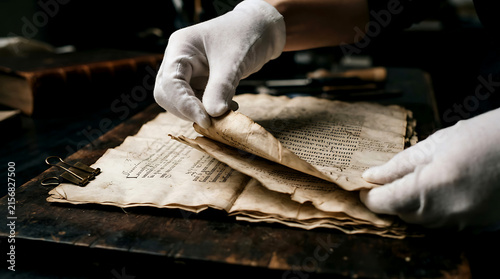Archivist wearing white gloves carefully turning pages of an ancient antique manuscript