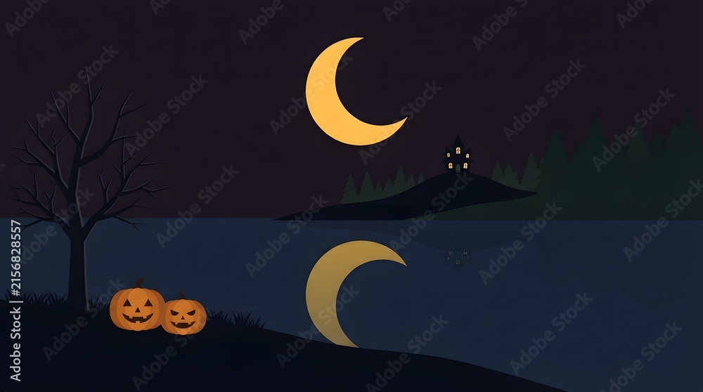 Fototapeta premium A spooky halloween night features glowing crescent moons and intricately carved pumpkins set within a mysterious dark landscape