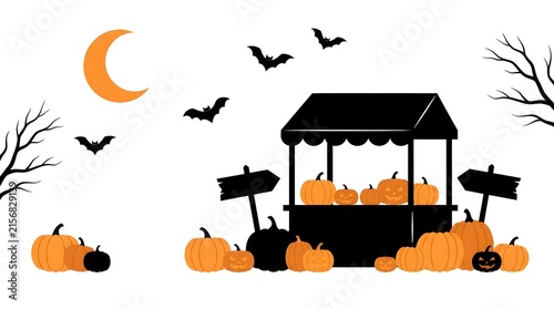 Halloween pumpkin patch display with a spooky black booth under a crescent moon and flying bats