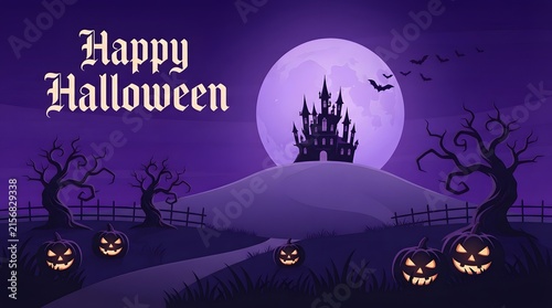 Spooky halloween night scene with a haunted castle pumpkins bats and a full moon in purple tones